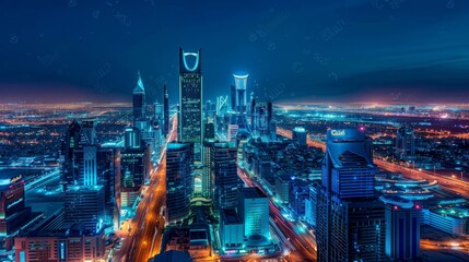 Obraz premium Night View of Illuminated Saudi Arabian City Skyline with Vibrant Skyscrapers and Bustling Streets. Aerial Perspective Overlooking Kingdom Tower and Modern Architecture Against Dark Blue Sky.
