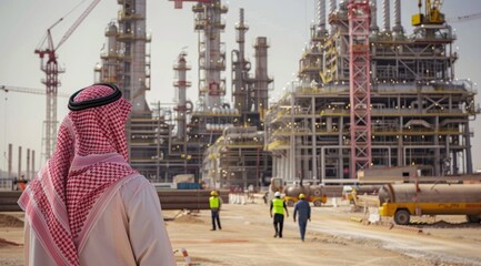 Man in traditional Saudi attire standing beside an industrial oil and gas site under construction, blending heritage with modern industry - AI Image