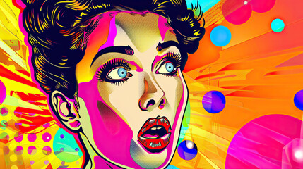 Pop art portrait of a surprised woman, vibrant colors, bold lines, halftone background, stylish...