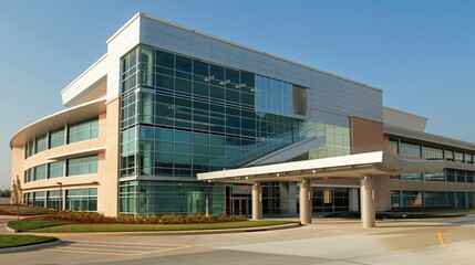 the exterior facade and main entrance of the hospital building