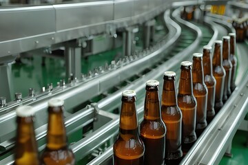 bottles of wine in a bar, Glass bottles of beer. Concept brewery plant production line, Factory for the production of beer. Brewery conveyor with glass beer drink alcohol bottles, modern production.
