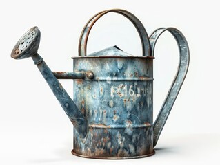 A classic metal watering can with a long spout for precise watering of plants, white background