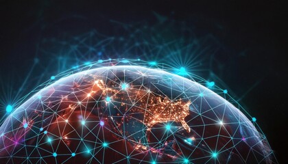 Globe wireframe with dark scene background, connecting with dot and line, innovation, technology, neon color, networking