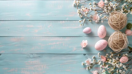 Top down view, wooden table background with Easter elements, banner texture featuring pastel colors, clear space for text or product placement