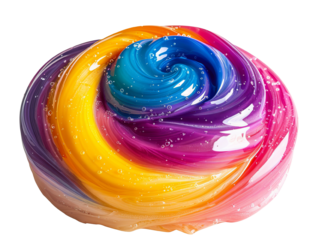 Colorful swirl of glossy, shiny slime with vibrant blue, purple, yellow hues and small bubbles. Abstract, toy, or texture background.