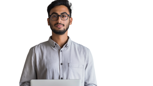portrait of a man holding a laptop isolated on transparent background, software engine cut out