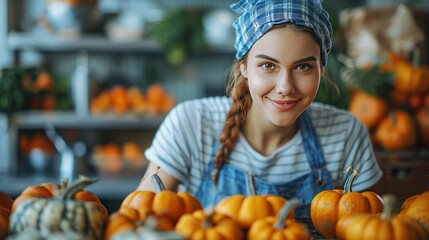 Fototapeta premium Woman preparing a pumpkin soup without show face