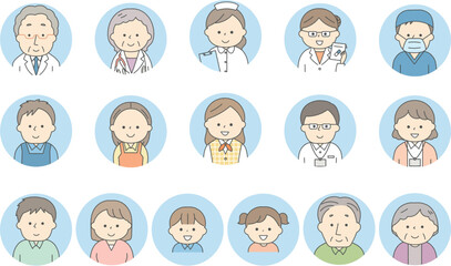 医療に関わる人物のアイコンセット枠付き