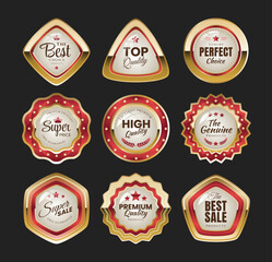 Set of Gold Seal Labels Collection ribbon, Golden luxury labels, gold premium quality certificate emblems badges, Luxury VIP and premium quality sticker tags and banners best product seals with golden