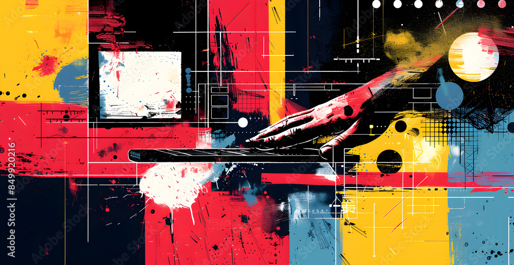 Poster a colorful abstract painting with a keyboard and a hand on it