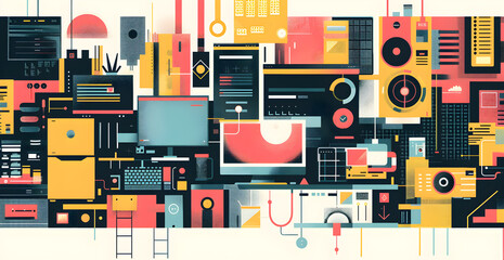 Scene is playful and creative, with a focus on the various computer components