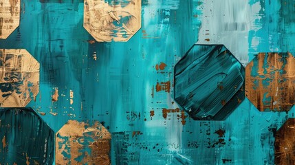 Abstract canvas with brass and turquoise brush strokes, hexagonal modern art.