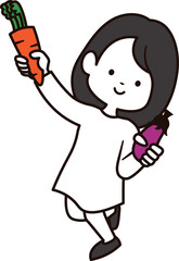 有機野菜のニンジンとナスを持っている小学生の女の子の全身イラスト素材
