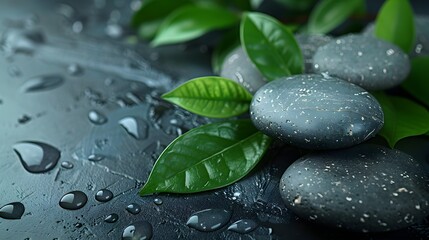 Stones and green leaves, spa or wellness theme