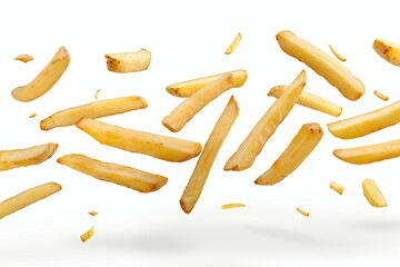 Flying potato fries, isolated on white background 