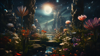Obraz premium Enchanted night garden with radiant flowers under a luminous moon and starry sky