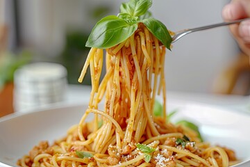 Eating pasta or spaghetti. Hand holds folk whee eating pasta Spicy Thai basil pork pasta on white dish with white background