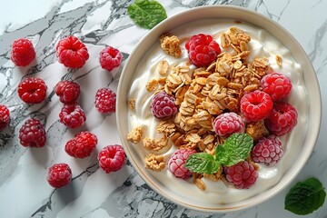 Top view. Flatlay food photography. Aerial view of bowl of natural organic breakfast. Bright studio lighting. Minimalistic stock photo, high resolution