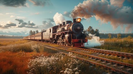 Fototapeta premium Vintage steam train with ancient locomotive and old carriages runs on the tracks in the countryside