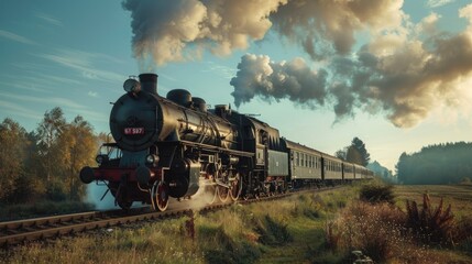 Fototapeta premium Vintage steam train with ancient locomotive and old carriages runs on the tracks in the countryside