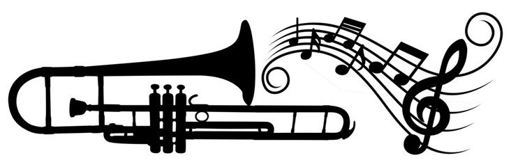 black silhouettes trumpet or trombone with musical notes sound waves icon. Brass Musical Instrument vector illustration