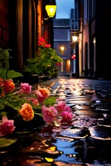 비내리는골목길에핀아름다운꽃