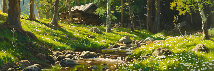 oil painting of spring forest with small wooden house and stream in the background, generative AI