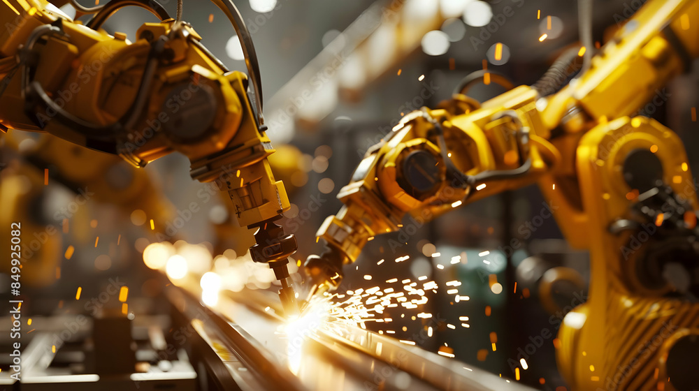 Poster industrial robotic arms working with sparks on an automated assembly line in a factory, showcasing a