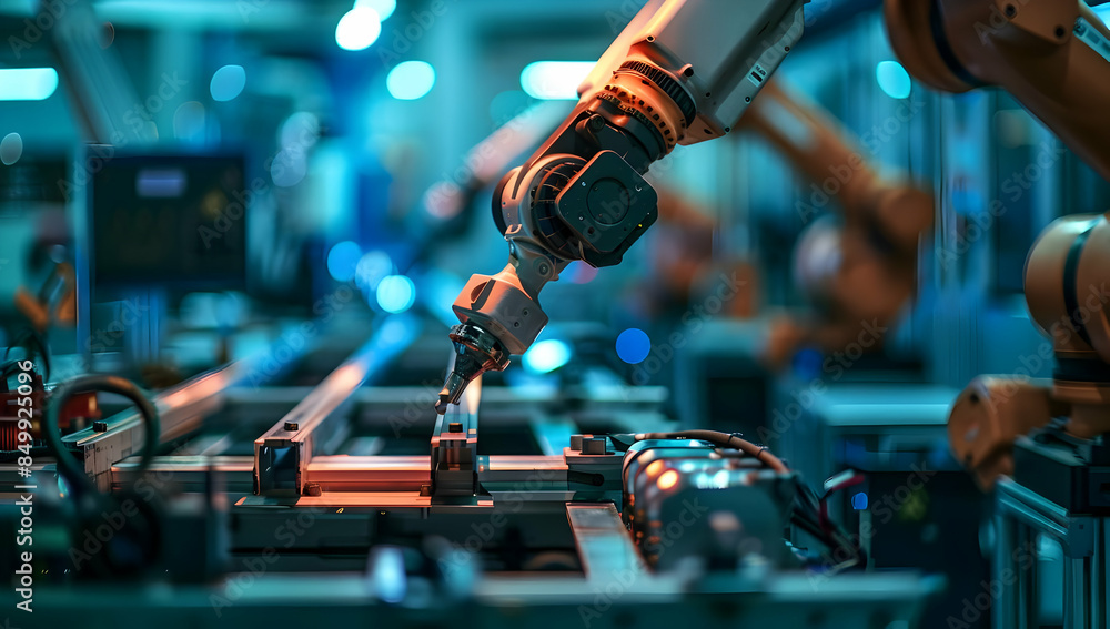 Poster robotic arms in a modern manufacturing factory, assembling components with precision in an advanced 