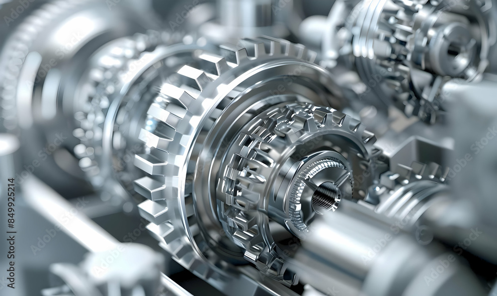 Poster close-up of intricate metallic gears in a mechanical system showcasing precision engineering and ind