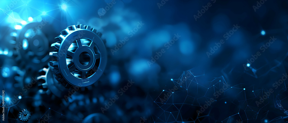 Wall mural blue mechanical gears in dark futuristic background, conveying technology, engineering, and industri