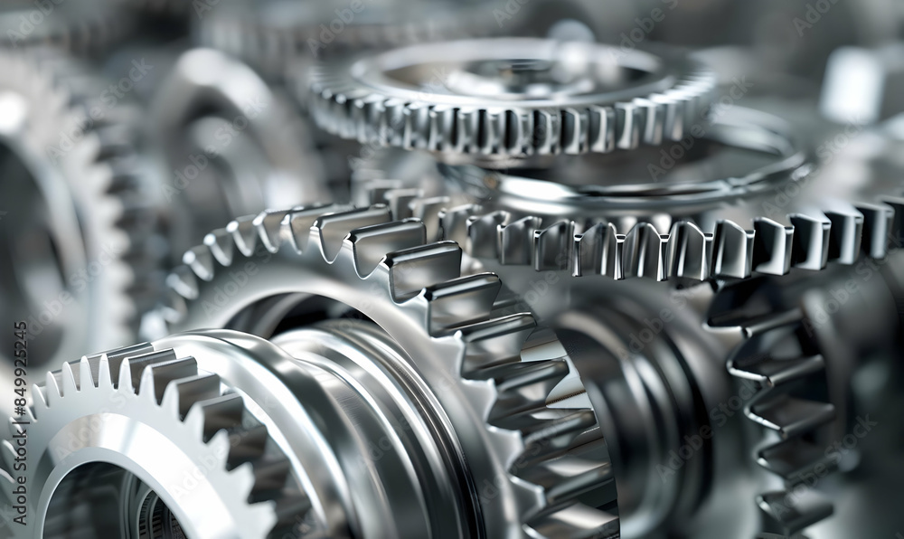 Poster close-up view of interconnected metal gears, showcasing intricate engineering and precise metallic c