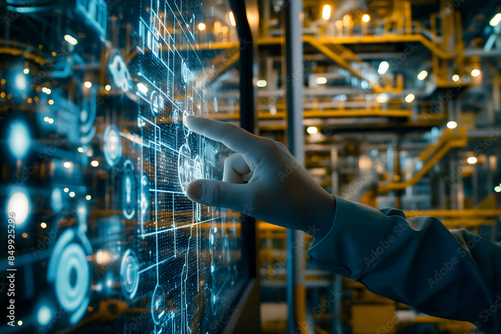 Poster engineer interacts with advanced digital screen in a modern factory, showcasing industrial technolog