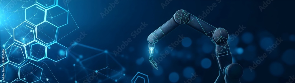 Poster futuristic robotic arm with digital hexagonal shapes. concept of automation, technology, artificial 