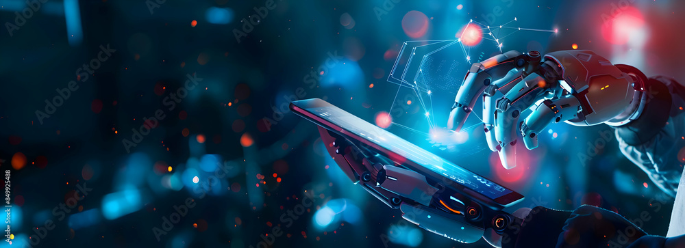 Poster futuristic robotic hand interacting with a digital tablet, representing advanced technology and inno