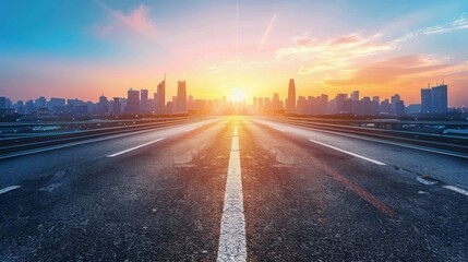 Obraz premium Urban Sunset Road: Majestic City Skyline with Open Asphalt Foreground and Blue Sky Sun Flare - Ideal Advertising Backdrop