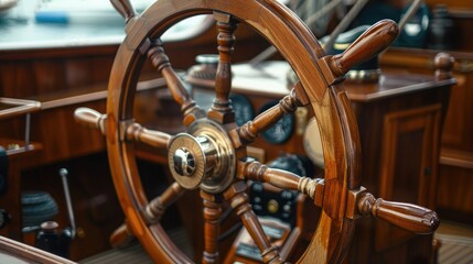 wooden ship's wheel with a modern yacht interior