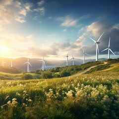 photo of a wind turbine farm on a hillside.
