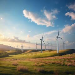 Obraz premium photo of a wind turbine farm with turbines spinning in the breeze