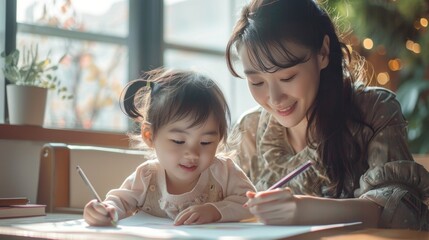 Asian mother and her cute little daughter participate in a warm family activity. Happy drawing with colored pencils in the warm atmosphere of love in the family.