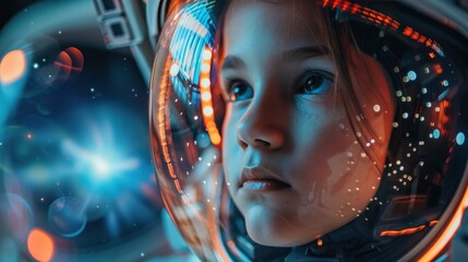 Child astronauts wearing astronaut helmets are staring into space as they explore the wonders of learning to a new level in the world of distance education and educational technology.