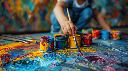 Close-up of a child painter meticulously drawing colorful lines on a canvas in the studio of an art school. A young girl painter uses a brush to paint creatively on the canvas.