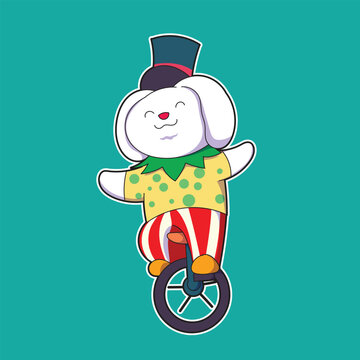 cute white dog performing in circus riding unicycle keeping balance