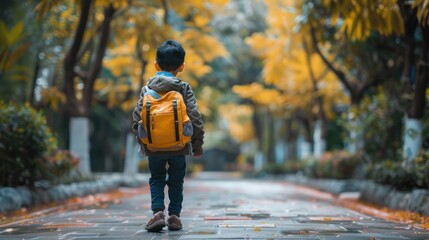Back view of boy carrying a backpack walking to school by myself alone Take the first step into the classroom with happiness and confidence with the idea of going back to school.