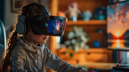 A young student straps on an astronaut's helmet for a virtual journey back to school, their excitement palpable as they navigate the digital landscape of learning from the comfort of their own home