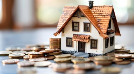 House model and pile of coins, real estate concept