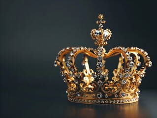 Regal gold 3D crown with diamond accents, flat black background with ample space for text, representing majesty and success