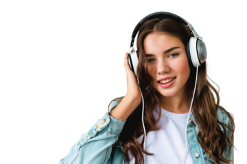 Happy smiling woman listening to music with headphones, isolated on transparent background