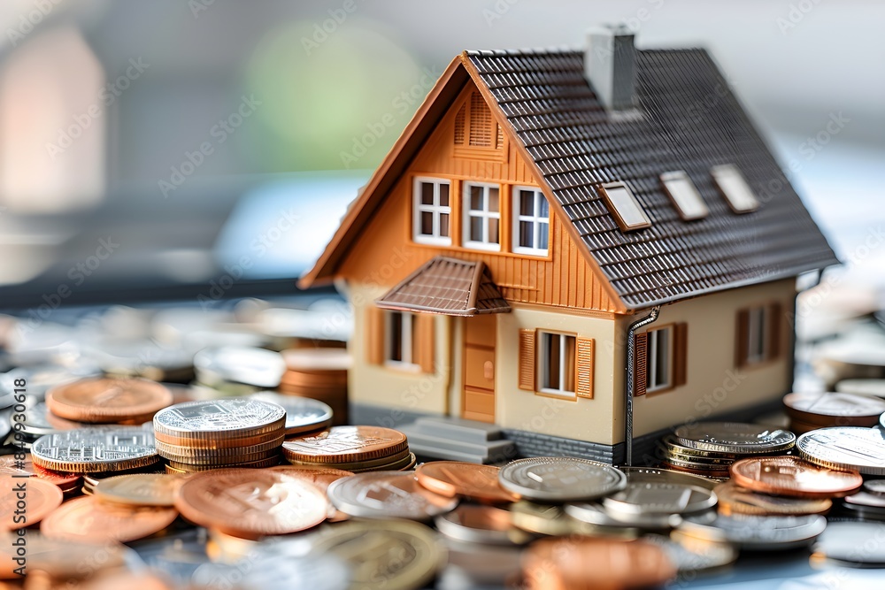 Wall mural house model and pile of coins, real estate concept