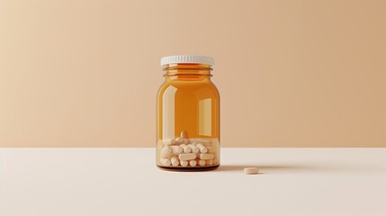 Pills bottle, 3D rendering, bottle isolated on a light background, clean and minimalistic, perfect for advertising, studio lighting
